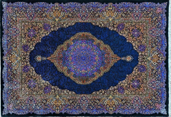 قالیچه تمام ابریشم قم رنگ مشکی طرح لچک ترنج با گل محوهای آبی در بوم فرش